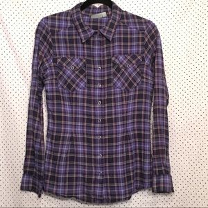 Athleta Small Top Purple Black Plaid Button Down